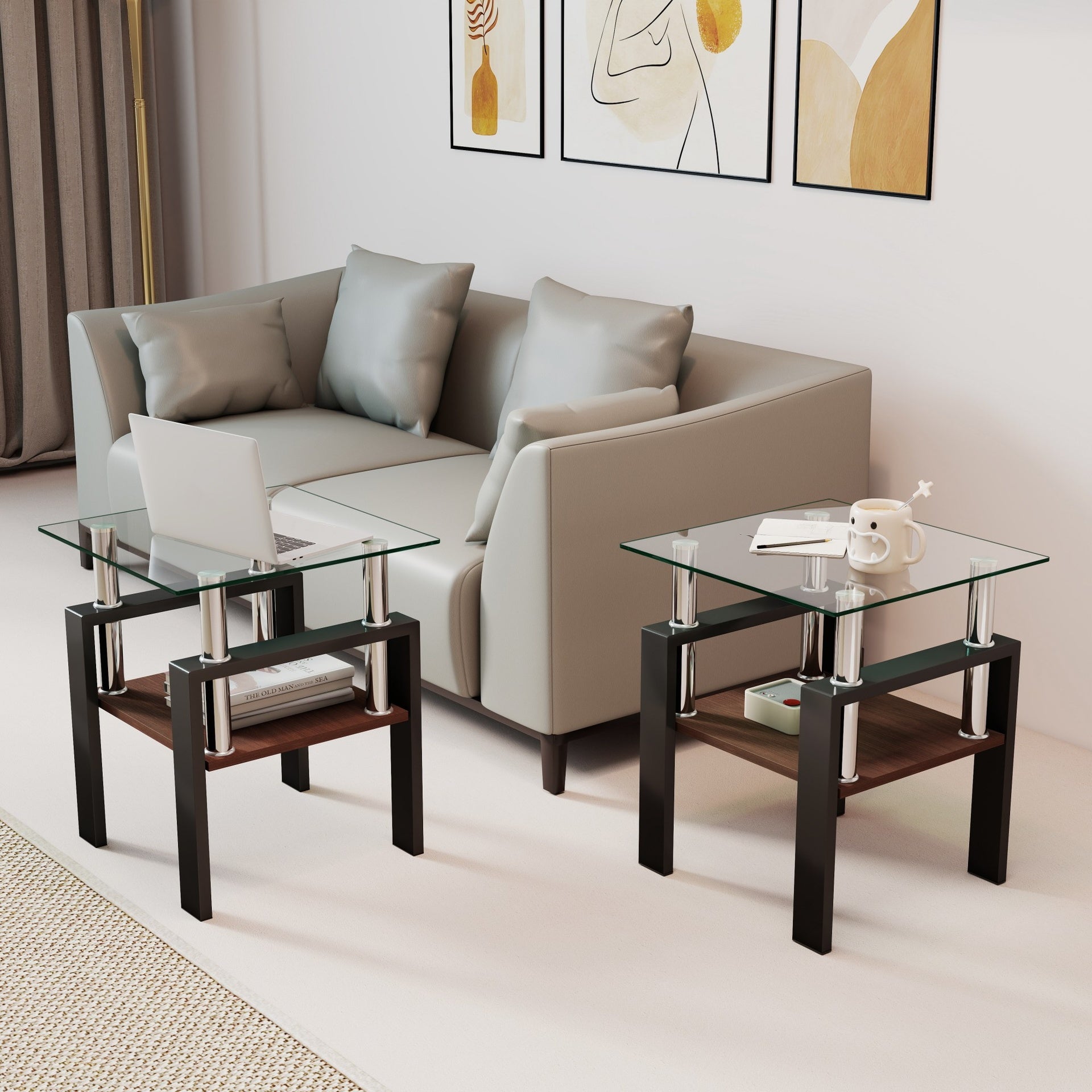 Set of 2 Modern Tempered Glass Tea Table,Tempered Glass Tabletop with MDF Layer,Coffee Table,End Table, Square Table for Living Room, Transparent/Black