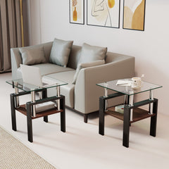 Set of 2 Modern Tempered Glass Tea Table,Tempered Glass Tabletop with MDF Layer,Coffee Table,End Table, Square Table for Living Room, Transparent/Black