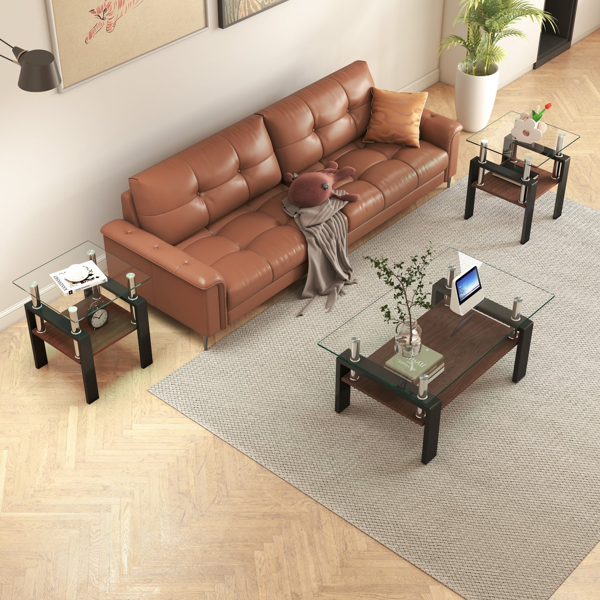 Set of 2 Modern Tempered Glass Tea Table,Tempered Glass Tabletop with MDF Layer,Coffee Table,End Table, Square Table for Living Room, Transparent/Black
