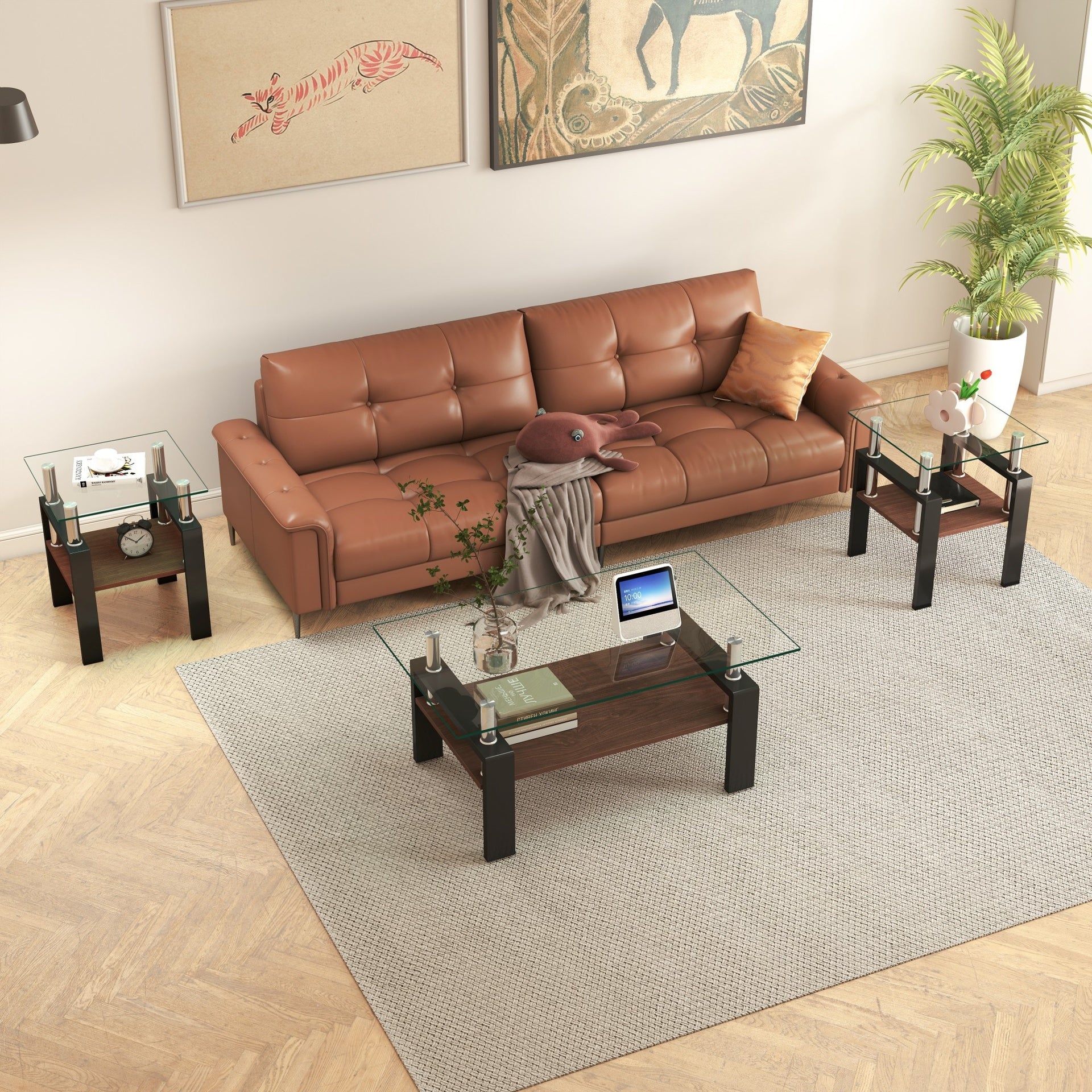 Set of 2 Modern Tempered Glass Tea Table,Tempered Glass Tabletop with MDF Layer,Coffee Table,End Table, Square Table for Living Room, Transparent/Black