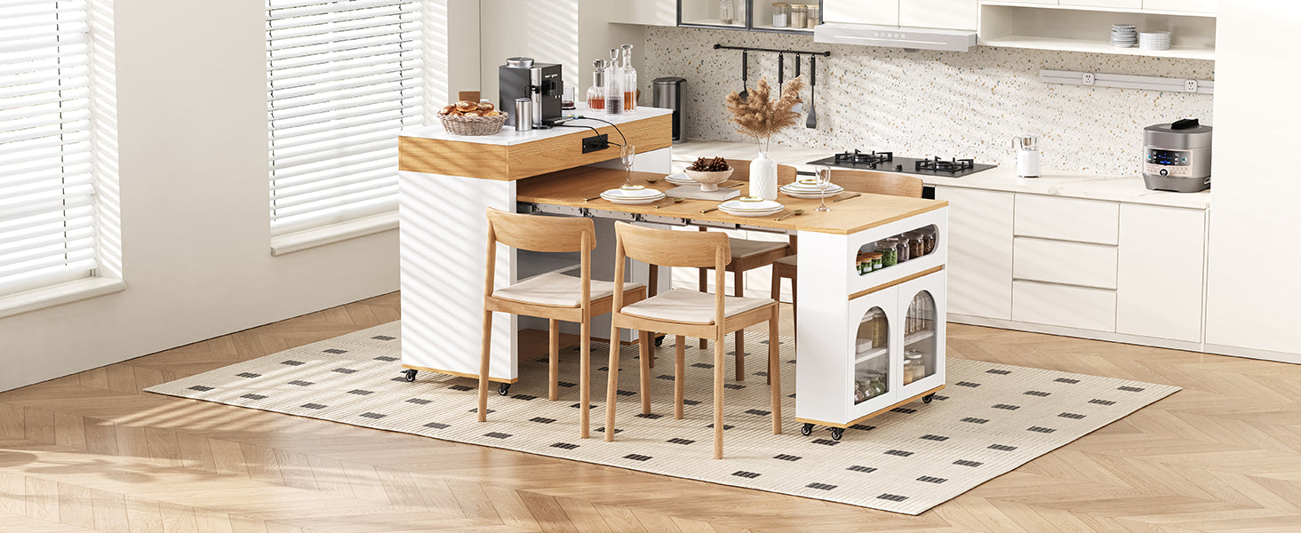 TREXM Extendable Dining Table with Extra-Long Folding Top, Rolling Kitchen Island with Drawers, Power Outlet and Brake lock, Storage Cabinet for Kitchen and Dining Room (Natural + Creamy White)