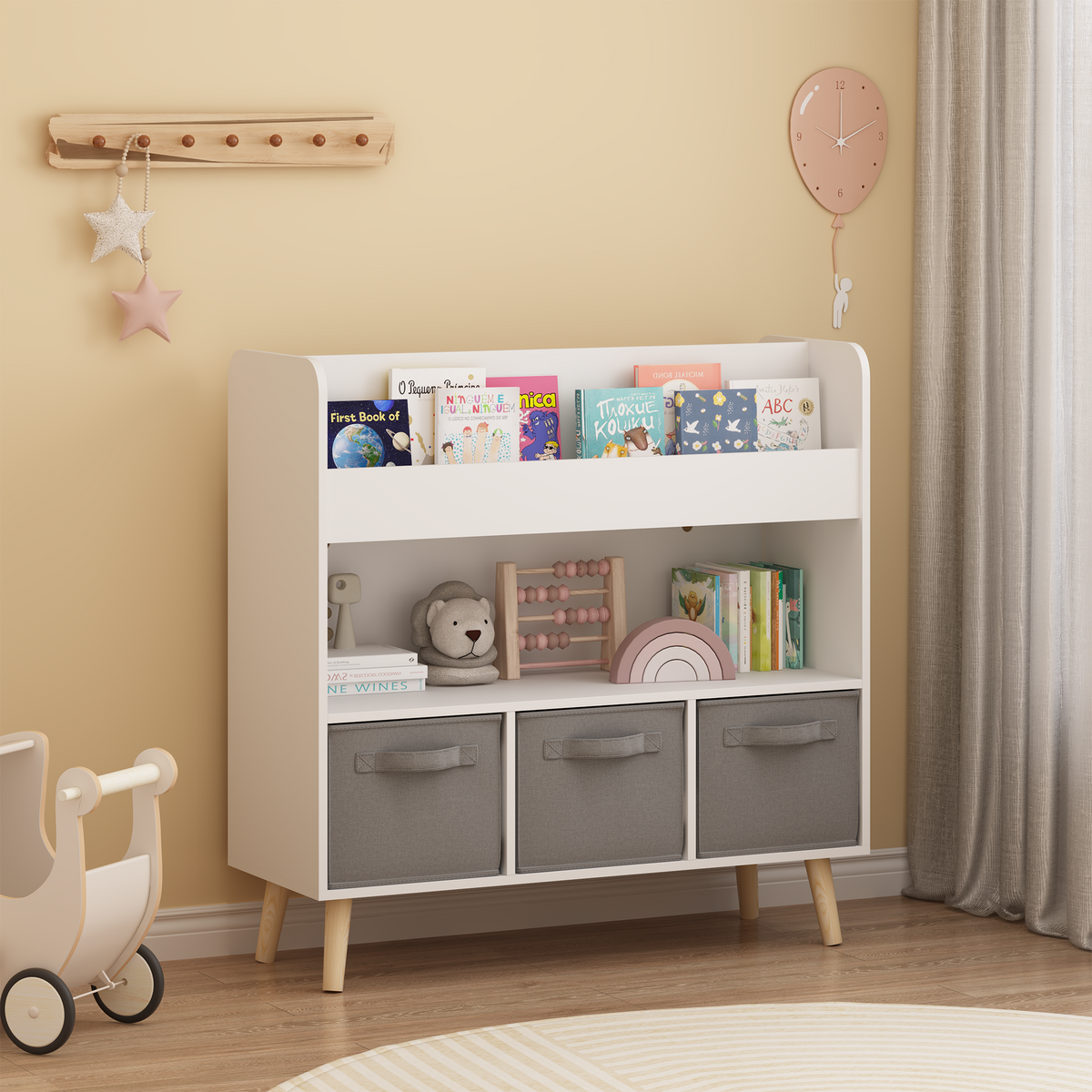 Kids Bookshelf with 3 Fabric Bins, Modern Children's Bookcase with Storage for Toys and Books, Toddler Book Organizer Shelf for Playroom, Bedroom, or Nursery, White and Gray