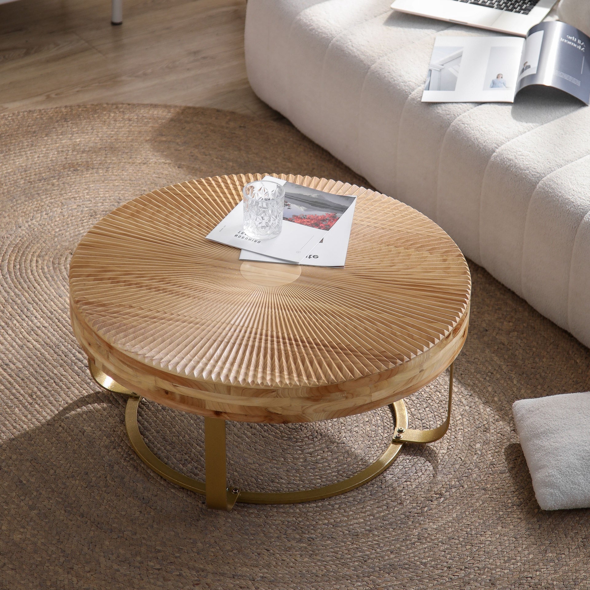 Modern round coffee table Wooden carving pattern coffee table with metal legs for living room reception room office Golden