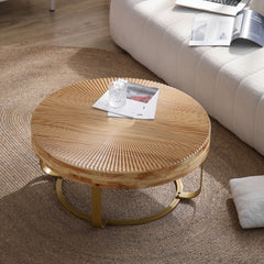 Modern round coffee table Wooden carving pattern coffee table with metal legs for living room reception room office Golden