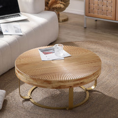 Modern round coffee table Wooden carving pattern coffee table with metal legs for living room reception room office Golden