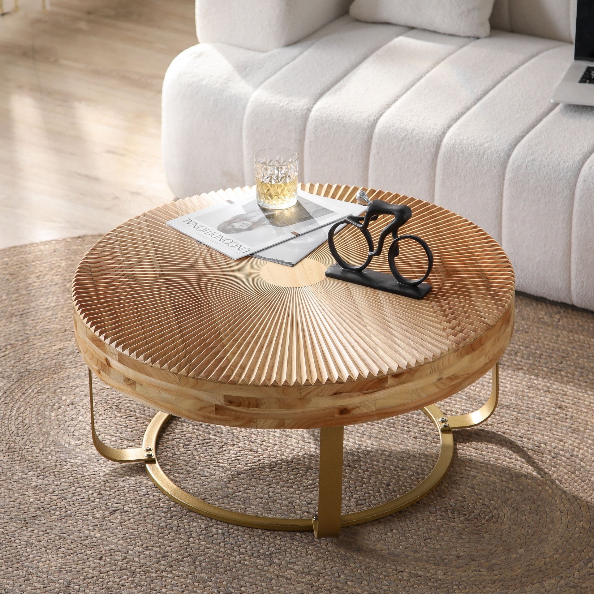 Modern round coffee table Wooden carving pattern coffee table with metal legs for living room reception room office Golden