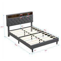 Queen-Size Upholstered Platform Bed Frame with a Modern Button-Tufted Linen Fabric Headboard,USB Ports,Convenient Charging Station,two side-mounted pockets,not require a box spring, Dark Grey