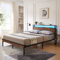 Full Size Metal Platform Bed Frame with Wooden Headboard and Footboard with USB LINER, LED Lights, No Box Spring Needed, Large Under Bed Storage, Easy Assemble