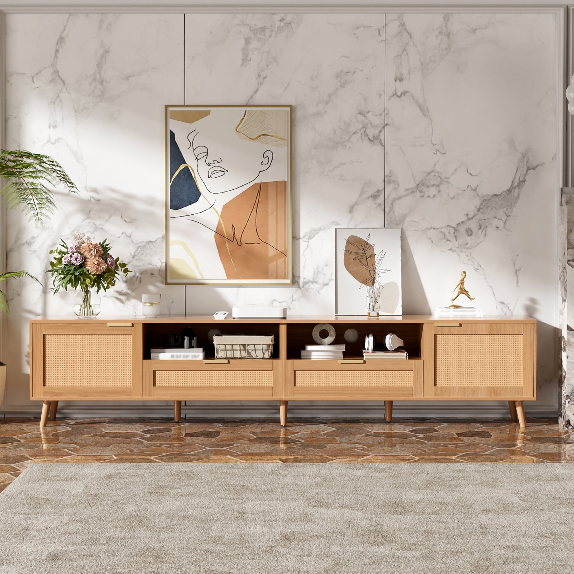 Rattan TV Stand for TVs up to 90'', Modern Farmhouse Media Console, Entertainment Center with Solid Wood Legs, TV Cabinet for Living Room, Bedroom