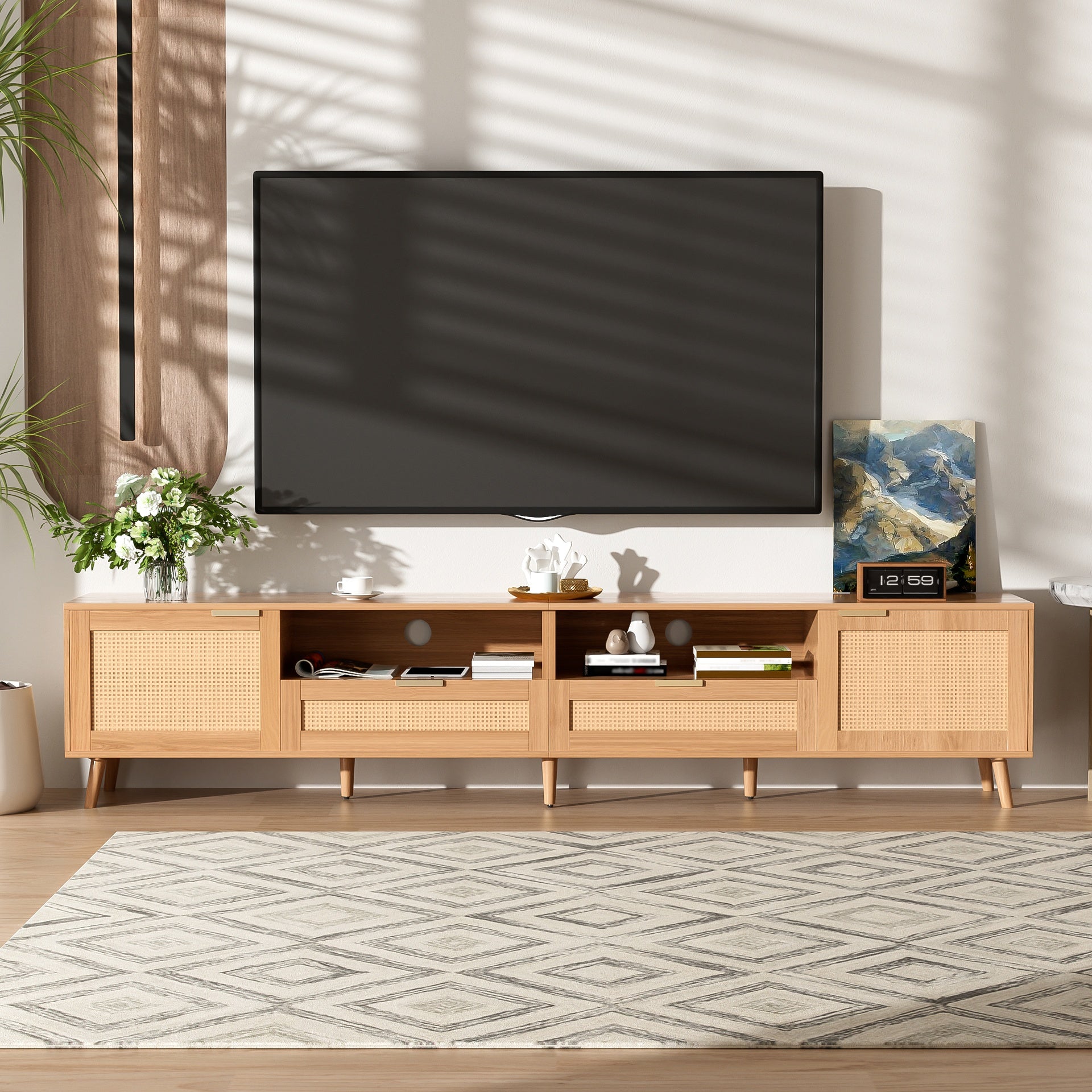 Rattan TV Stand for TVs up to 90'', Modern Farmhouse Media Console, Entertainment Center with Solid Wood Legs, TV Cabinet for Living Room, Bedroom