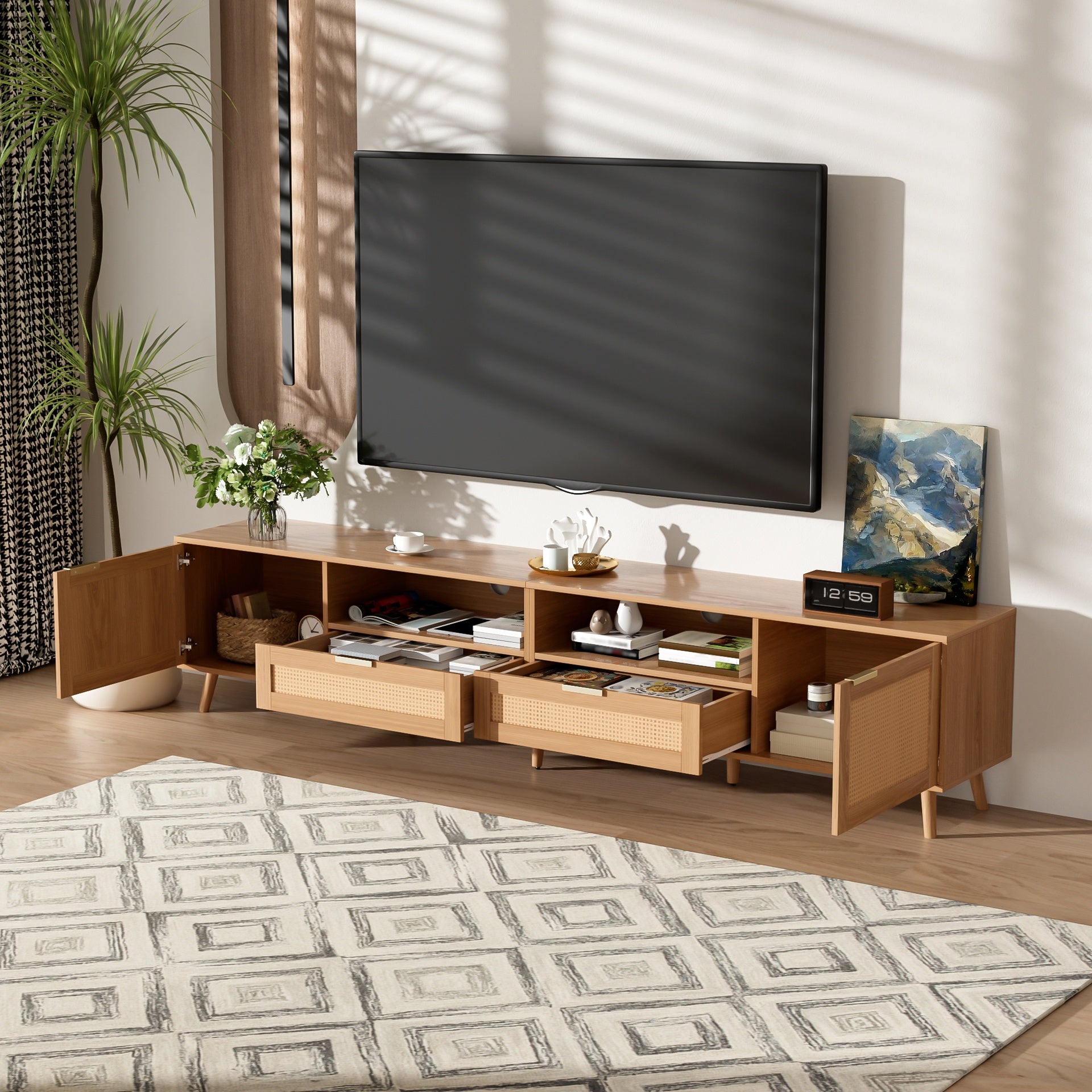 Rattan TV Stand for TVs up to 90'', Modern Farmhouse Media Console, Entertainment Center with Solid Wood Legs, TV Cabinet for Living Room, Bedroom