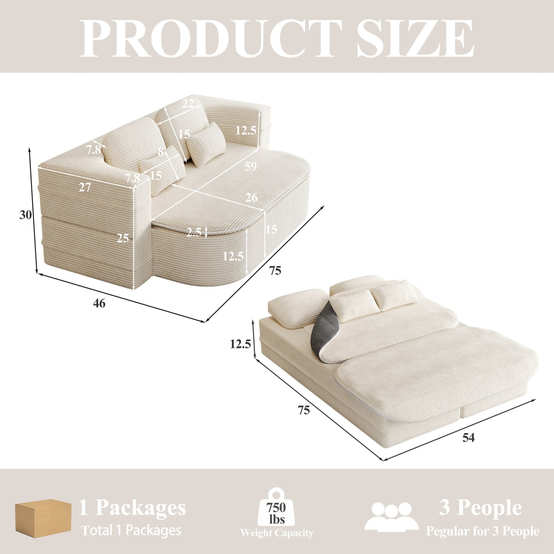 75''2-in-1 Foldable Sofa,Convertible Sleeper Foam Sofa Bed with Multi Functional Blanket, Corduroy Floor folding sofa bed,  Floor Sofa Lounge Sofa for Living Room Bedroom Lounge Studio