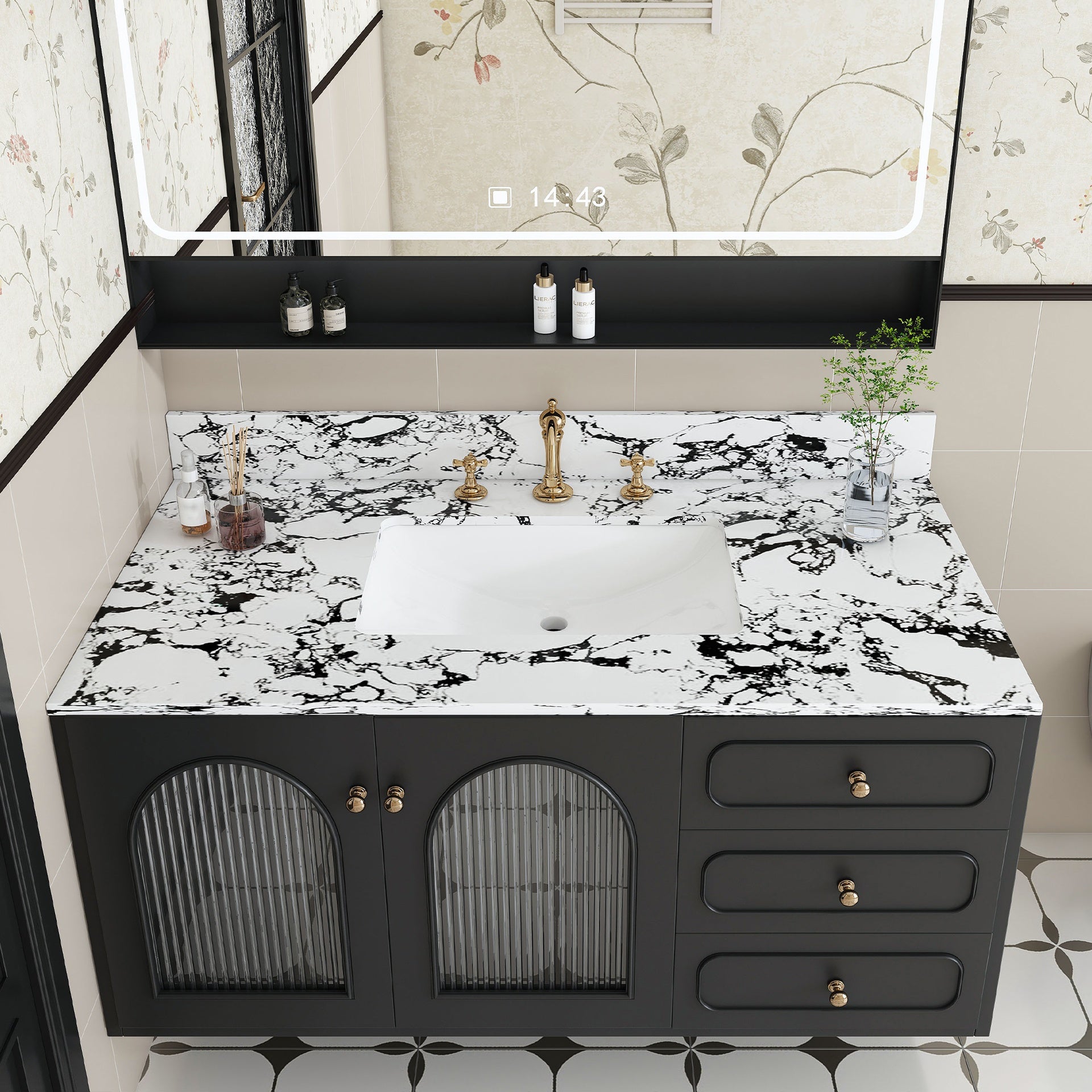 43"x22" Bathroom Vanity Top, with Undermount Ceramic Sink and Backsplash, artificial marble Bathroom Vanity Top with 3 Faucet Holes, New Carrara white and black (only Bathroom Vanity Top)