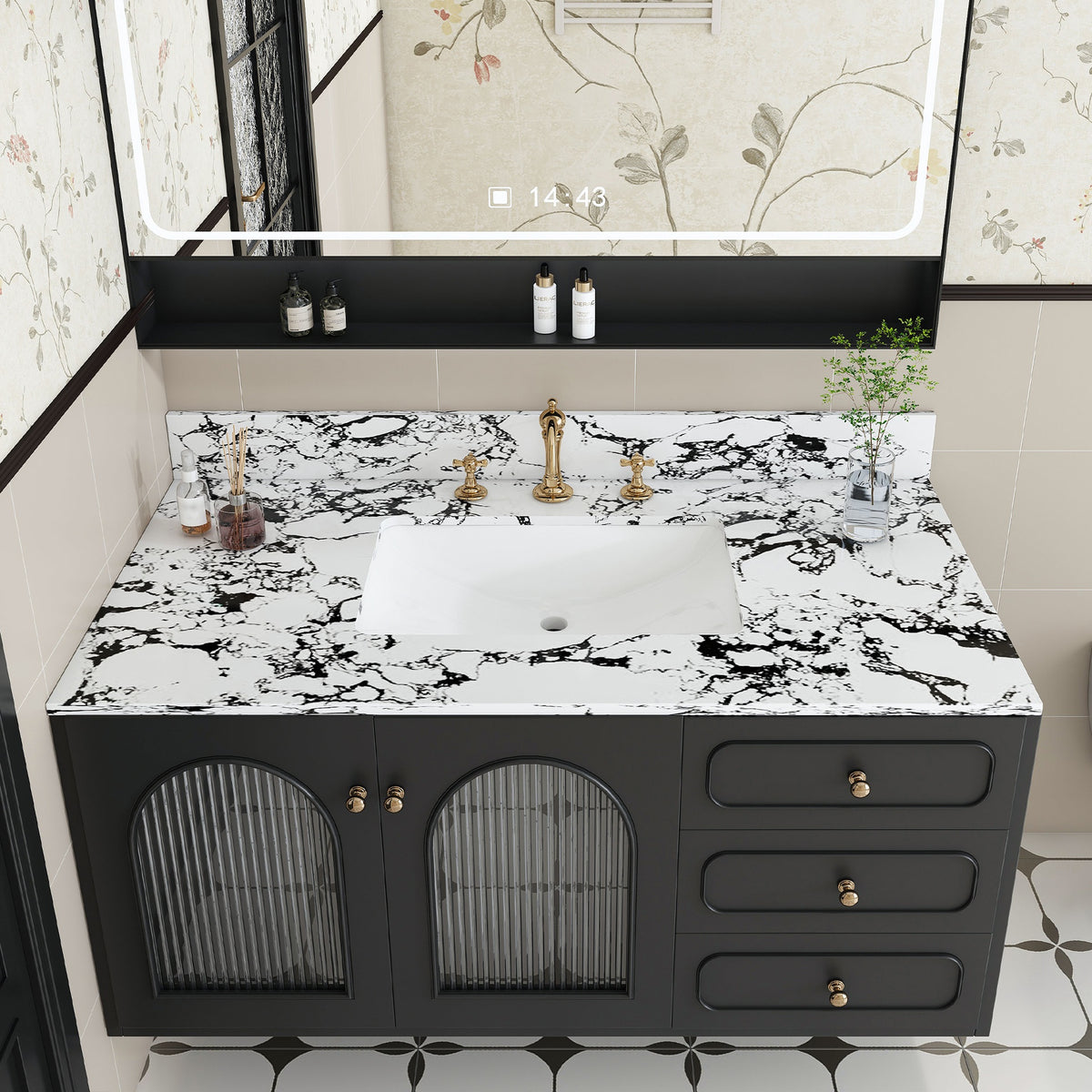 43"x22" Bathroom Vanity Top, with Undermount Ceramic Sink and Backsplash, artificial marble Bathroom Vanity Top with 3 Faucet Holes, New Carrara white and black (only Bathroom Vanity Top)