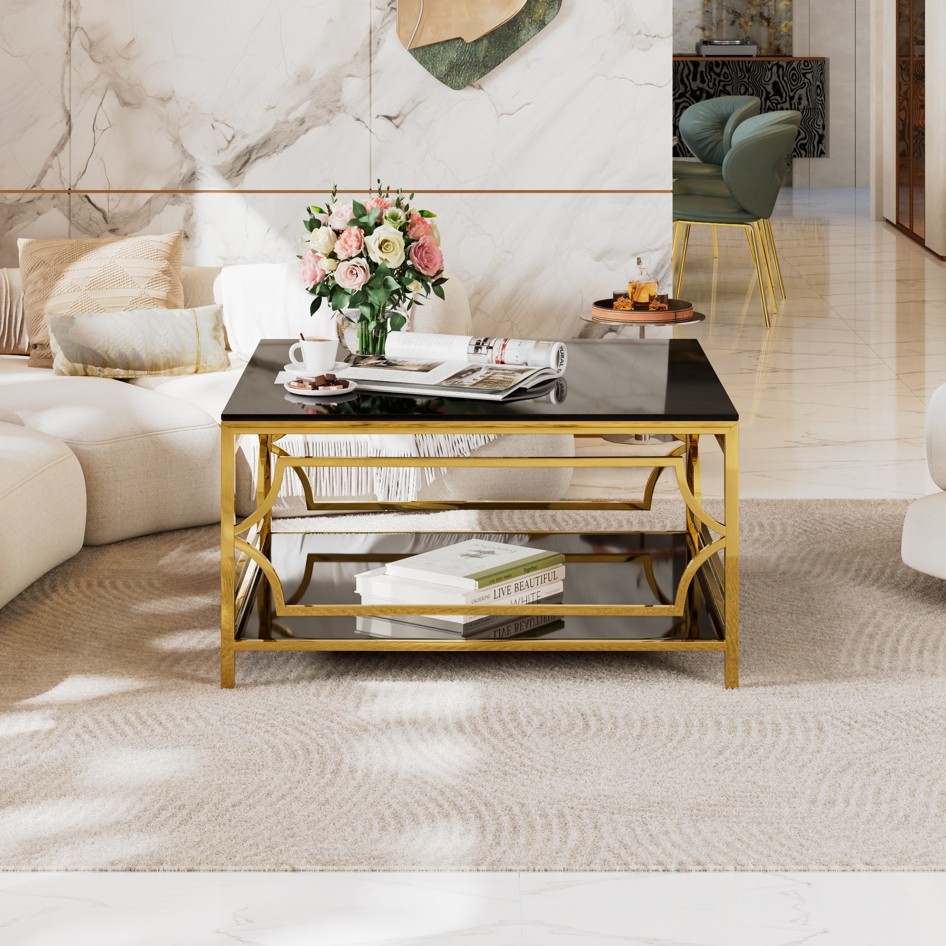 Square Glass Coffee Table in 33.5",Luxurious Geometric Metal Frame,Gold Finish & Lower Shelf