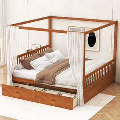 Wooden Canopy Bed with Storage Drawers, King size, Walnut