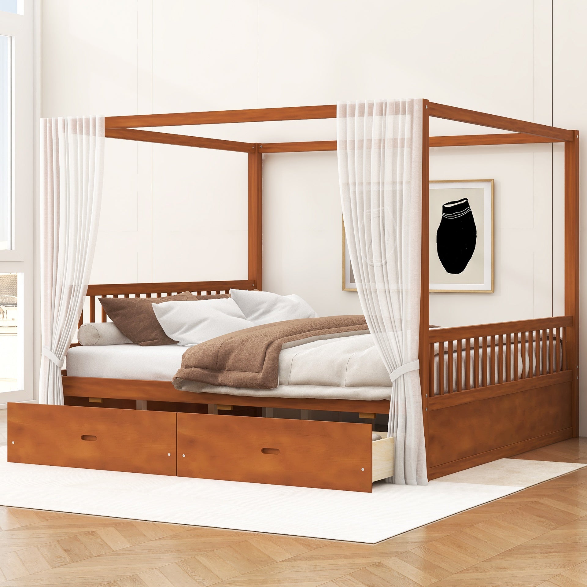 Wooden Canopy Bed with Storage Drawers, King size, Walnut