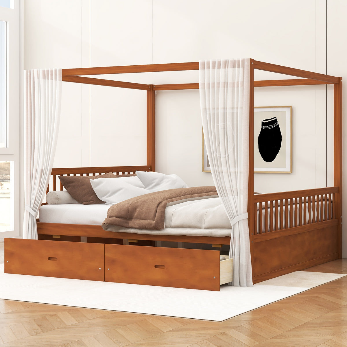 Wooden Canopy Bed with Storage Drawers, King size, Walnut