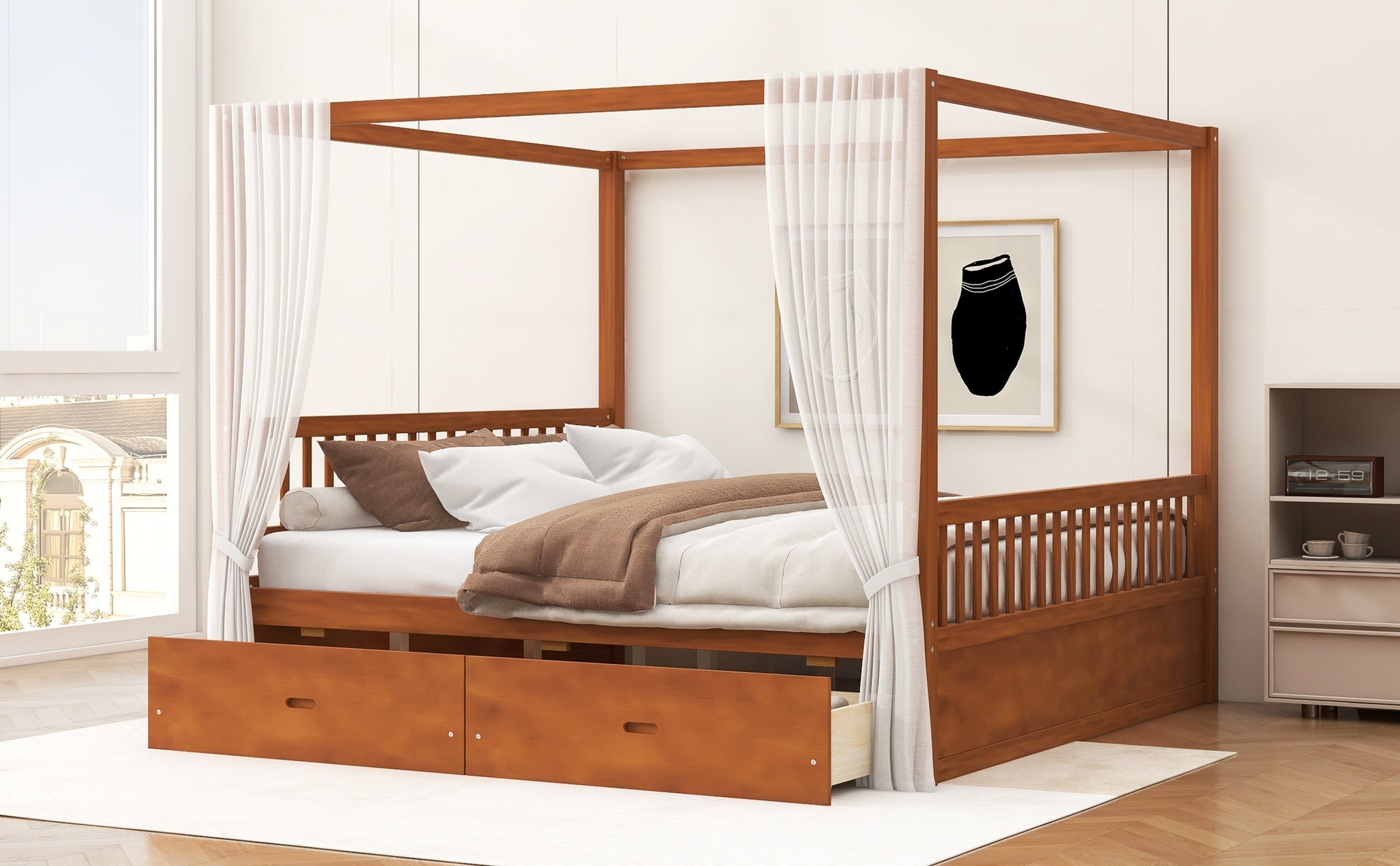Wooden Canopy Bed with Storage Drawers, King size, Walnut