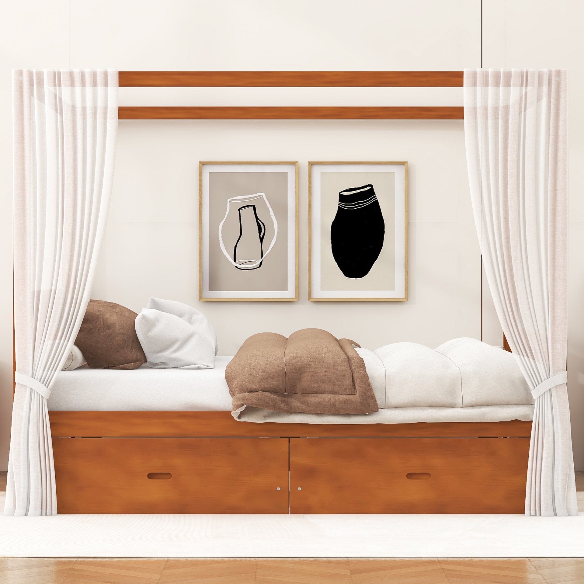 Wooden Canopy Bed with Storage Drawers, King size, Walnut