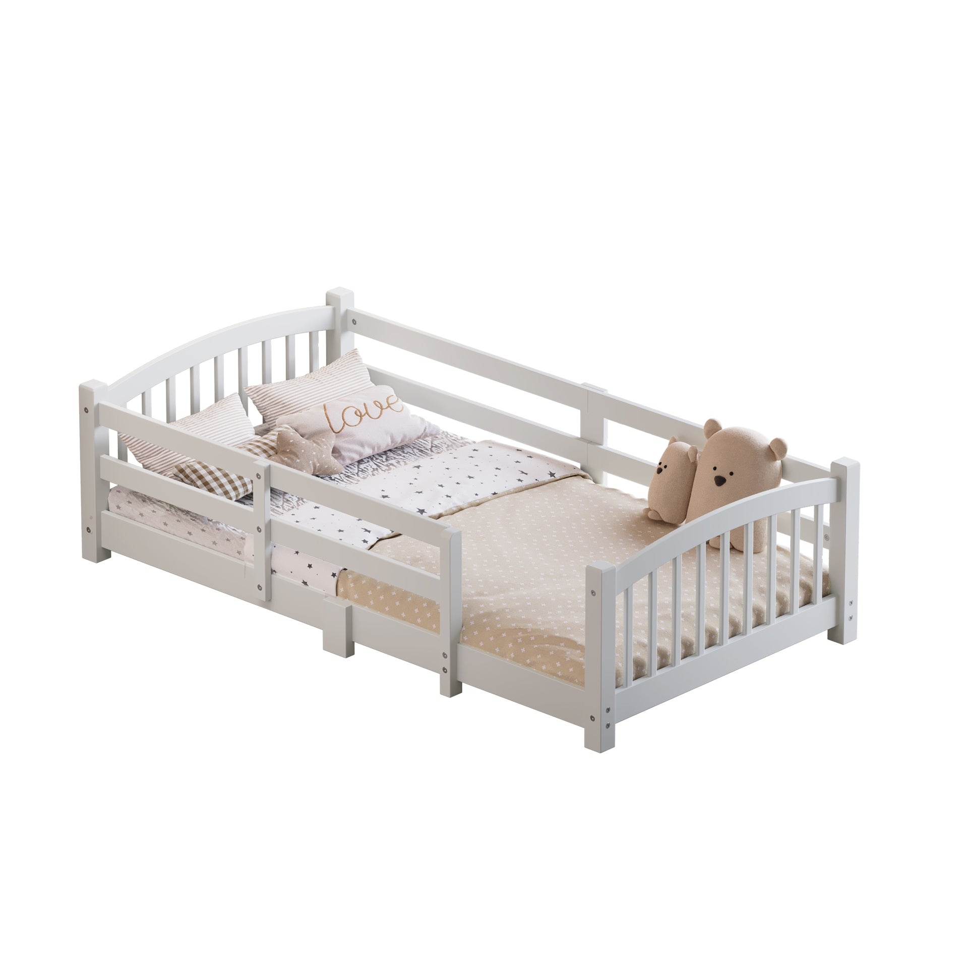Twin Montessori Floor Bed with Slats and Safety Guardrails, Solid Wood Floor Bed with Fence and Without Door, Easy Assemble Montessori Bed for Girls and Boys, White