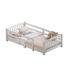 Twin Montessori Floor Bed with Slats and Safety Guardrails, Solid Wood Floor Bed with Fence and Without Door, Easy Assemble Montessori Bed for Girls and Boys, White