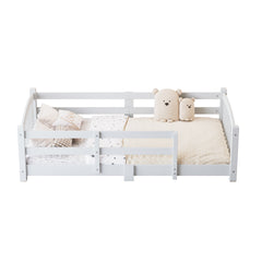 Twin Montessori Floor Bed with Slats and Safety Guardrails, Solid Wood Floor Bed with Fence and Without Door, Easy Assemble Montessori Bed for Girls and Boys, White