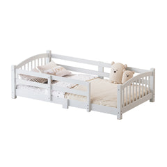 Twin Montessori Floor Bed with Slats and Safety Guardrails, Solid Wood Floor Bed with Fence and Without Door, Easy Assemble Montessori Bed for Girls and Boys, White