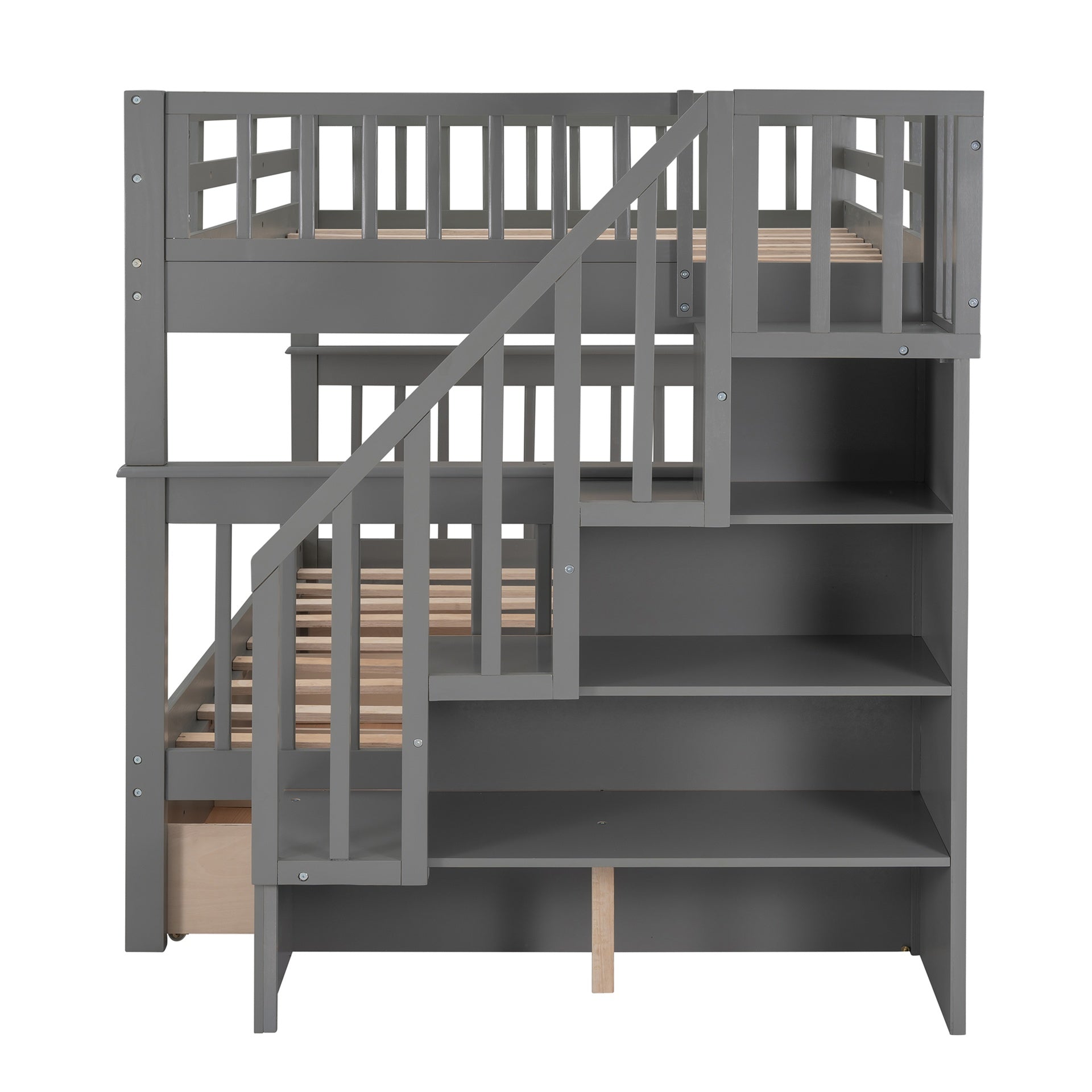 Stairway Full-Over-Full Bunk Bed with Drawer, Storage and Guard Rail for Bedroom, Gray