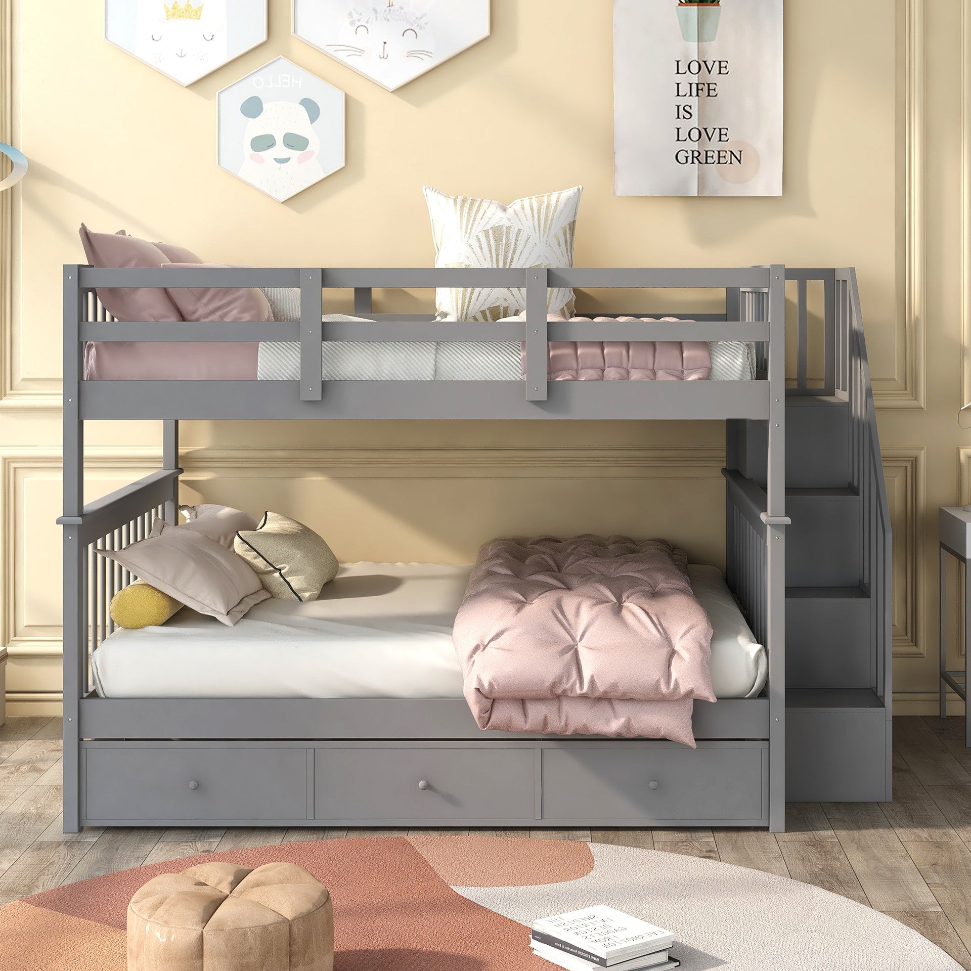 Stairway Full-Over-Full Bunk Bed with Drawer, Storage and Guard Rail for Bedroom, Gray