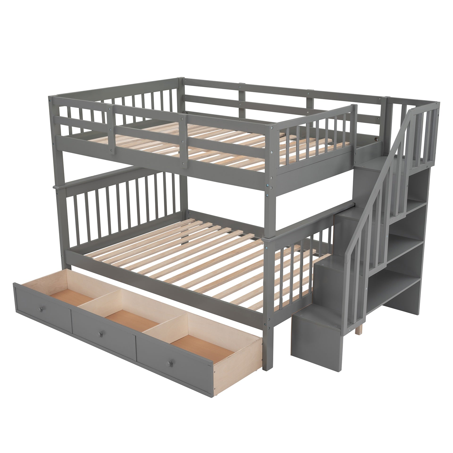 Stairway Full-Over-Full Bunk Bed with Drawer, Storage and Guard Rail for Bedroom, Gray