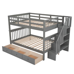 Stairway Full-Over-Full Bunk Bed with Drawer, Storage and Guard Rail for Bedroom, Gray
