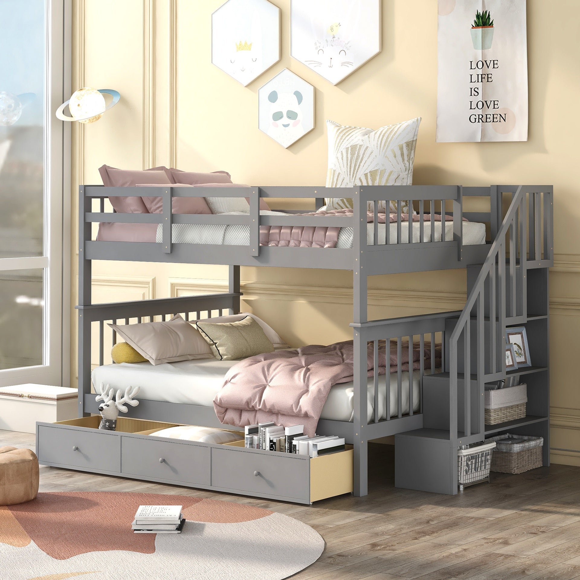 Stairway Full-Over-Full Bunk Bed with Drawer, Storage and Guard Rail for Bedroom, Gray