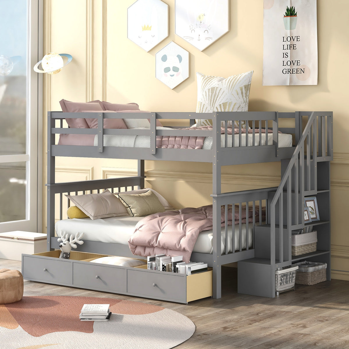 Stairway Full-Over-Full Bunk Bed with Drawer, Storage and Guard Rail for Bedroom, Gray