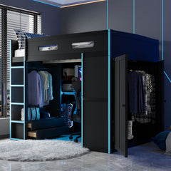 Full Size Wood Loft Bed with Desk,Wardrobe,Ample Storage Space,and RGB Light, Cloud Blue