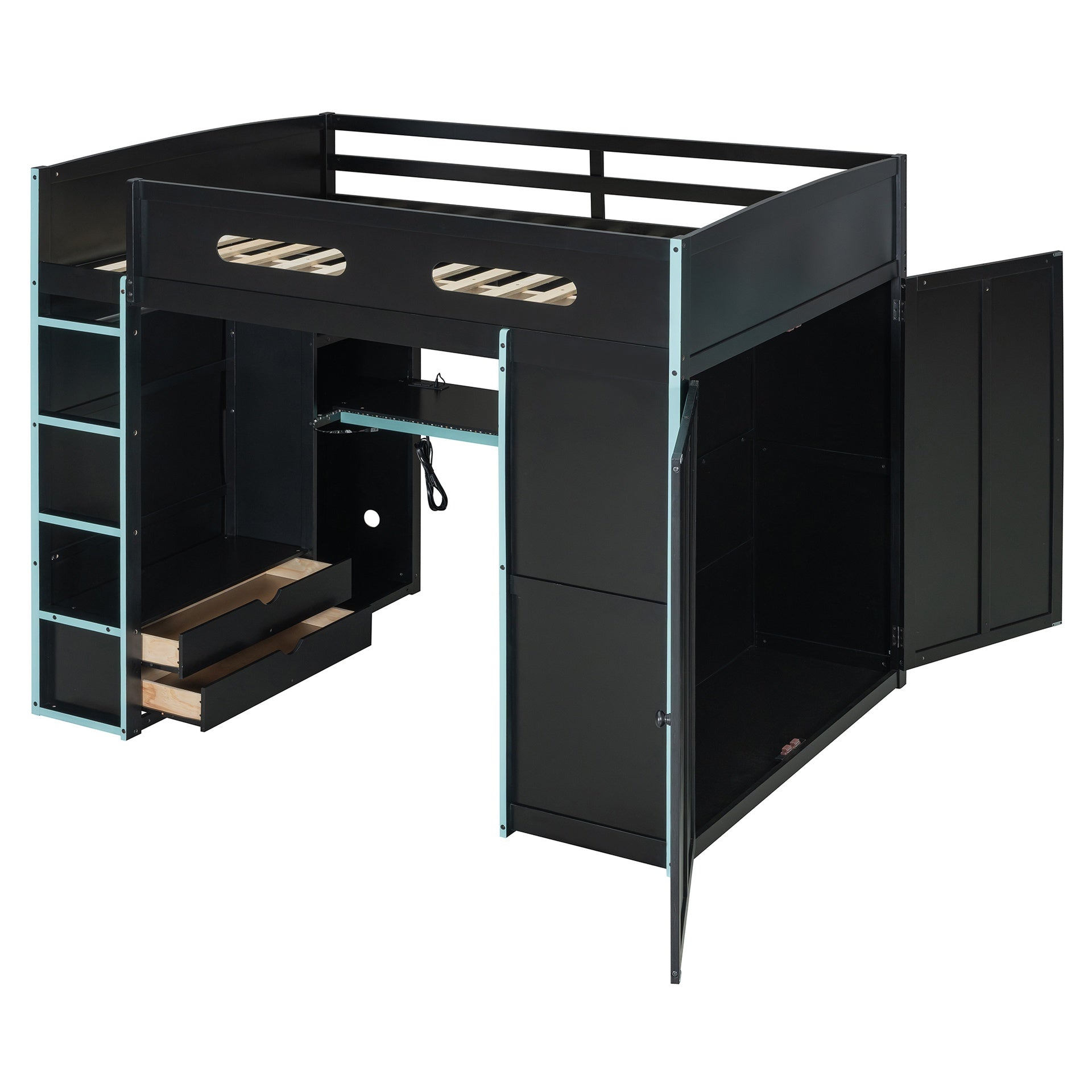 Full Size Wood Loft Bed with Desk,Wardrobe,Ample Storage Space,and RGB Light, Cloud Blue