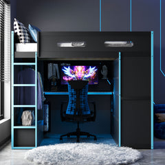 Full Size Wood Loft Bed with Desk,Wardrobe,Ample Storage Space,and RGB Light, Cloud Blue