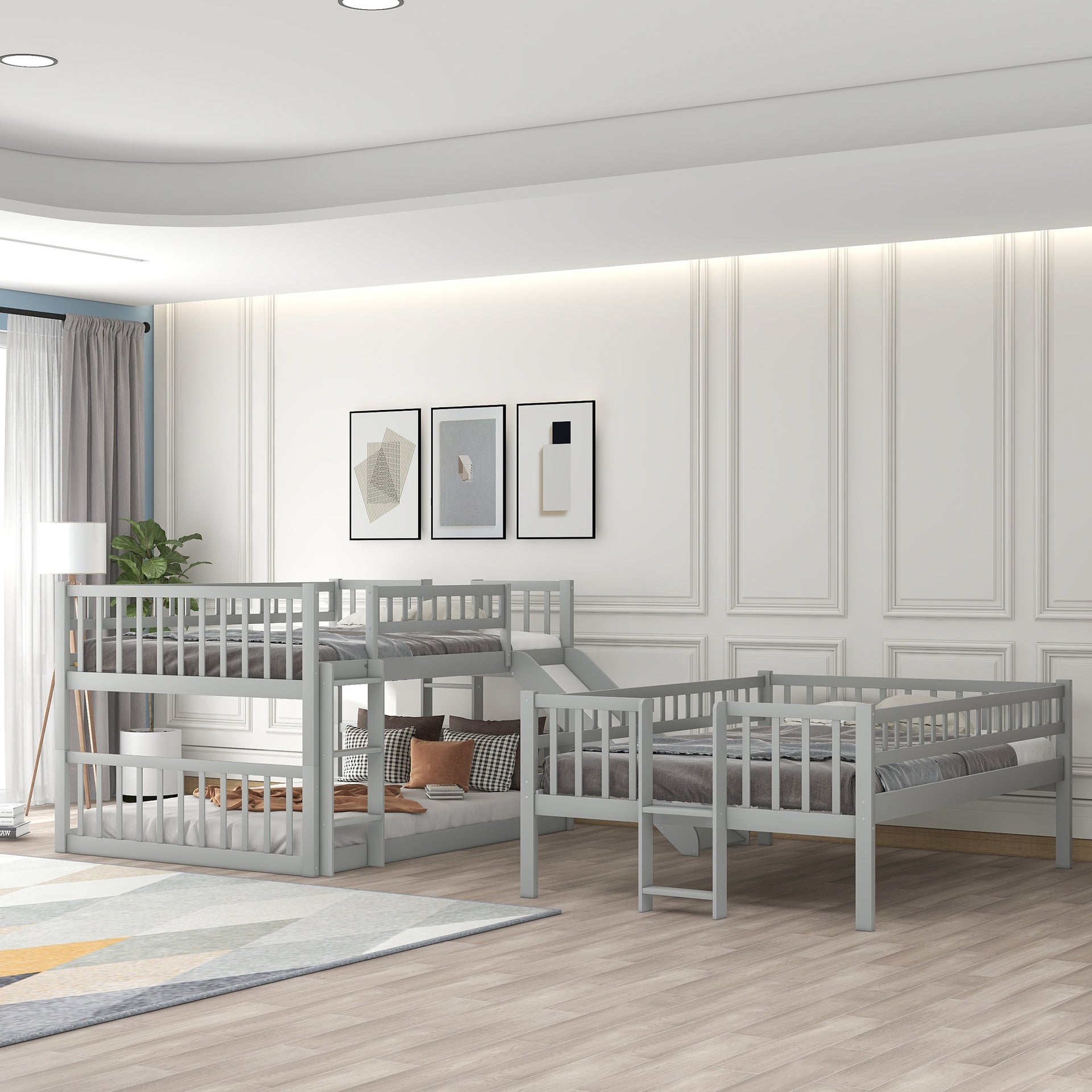 Full-Over-Full-Over-Full Triple Bed with Built-in Ladder and Slide , Triple Bunk Bed with Guardrails, Gray