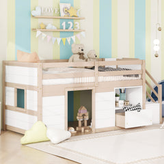 SOLID WOOD TWIN SIZE LOW LOFT BED WITH STAIR, DRAWER, AND SHELF FOR CREAM + WHITE COLOR