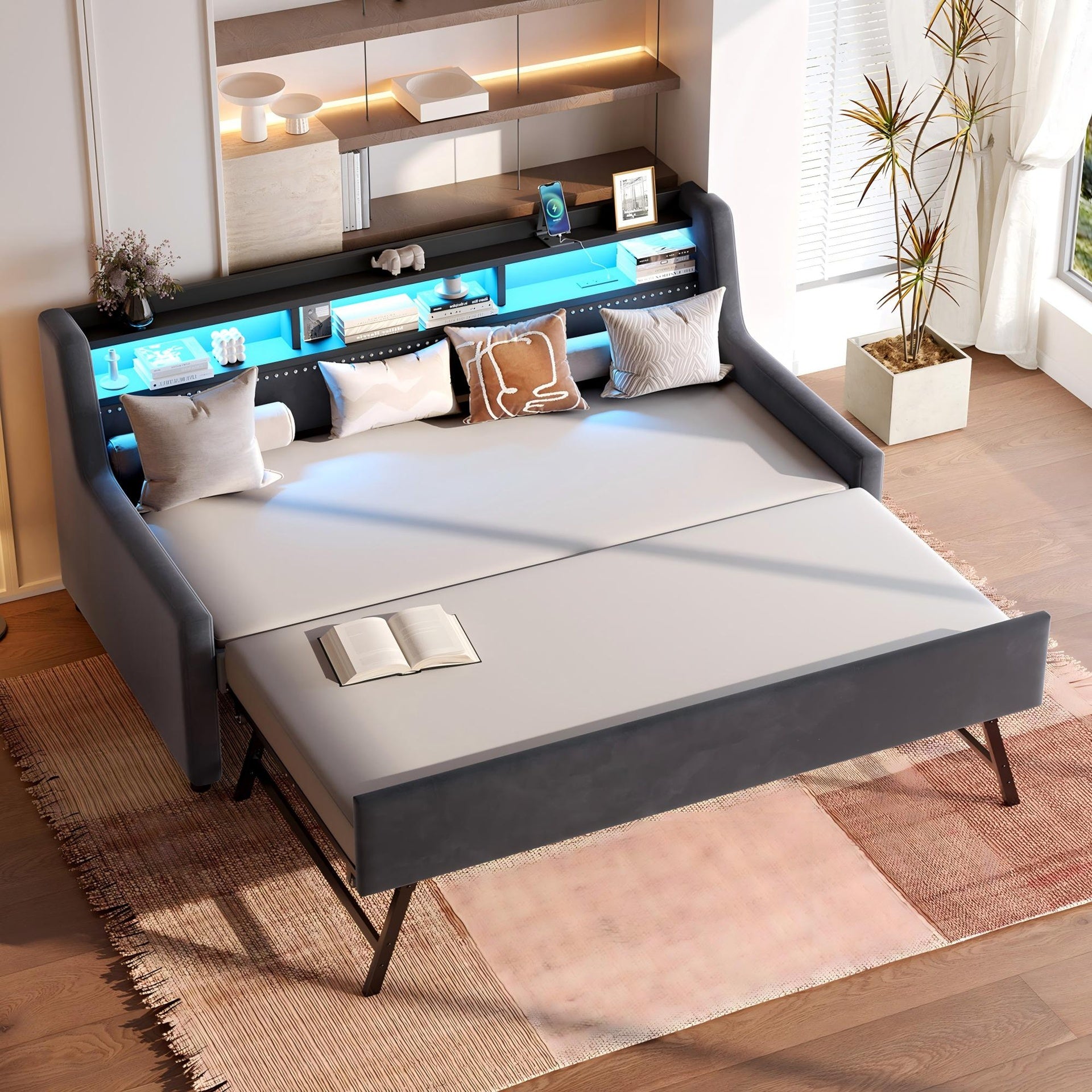 Twin Size Daybed with Trundle, Upholstery Daybed with LED Light ＆ Charging Station, Velvet Day Bed with Wood and Metal Frame