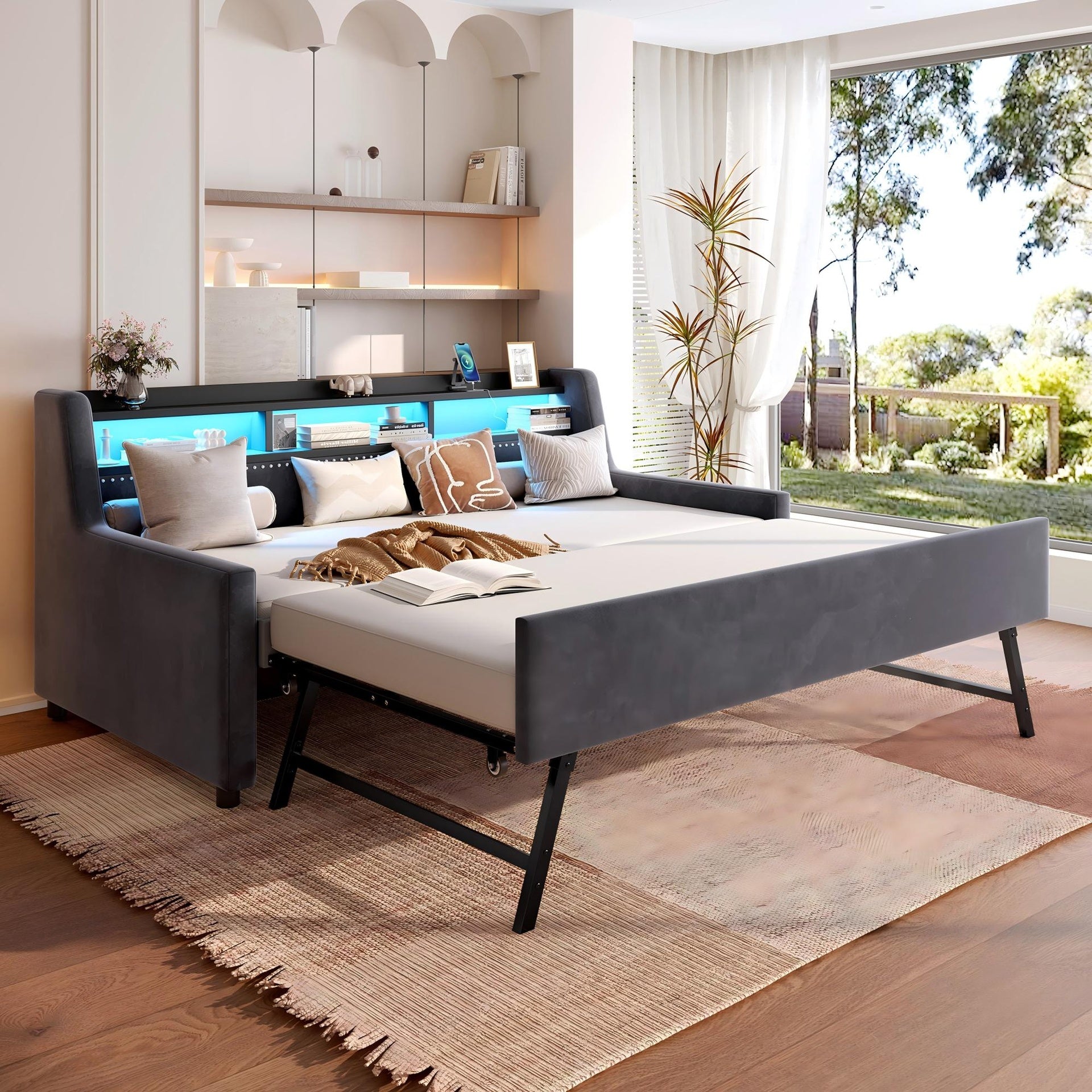 Twin Size Daybed with Trundle, Upholstery Daybed with LED Light ＆ Charging Station, Velvet Day Bed with Wood and Metal Frame