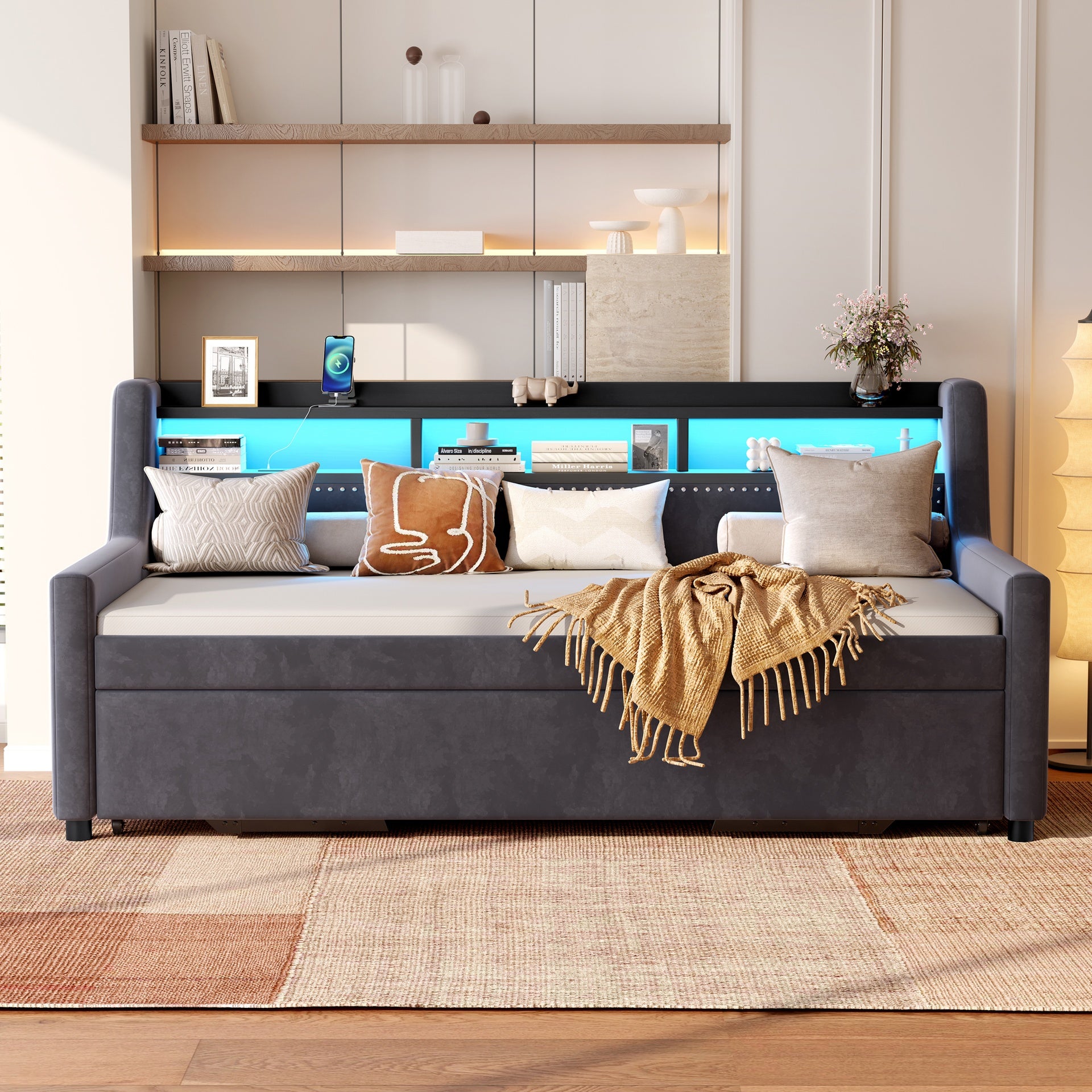 Twin Size Daybed with Trundle, Upholstery Daybed with LED Light ＆ Charging Station, Velvet Day Bed with Wood and Metal Frame