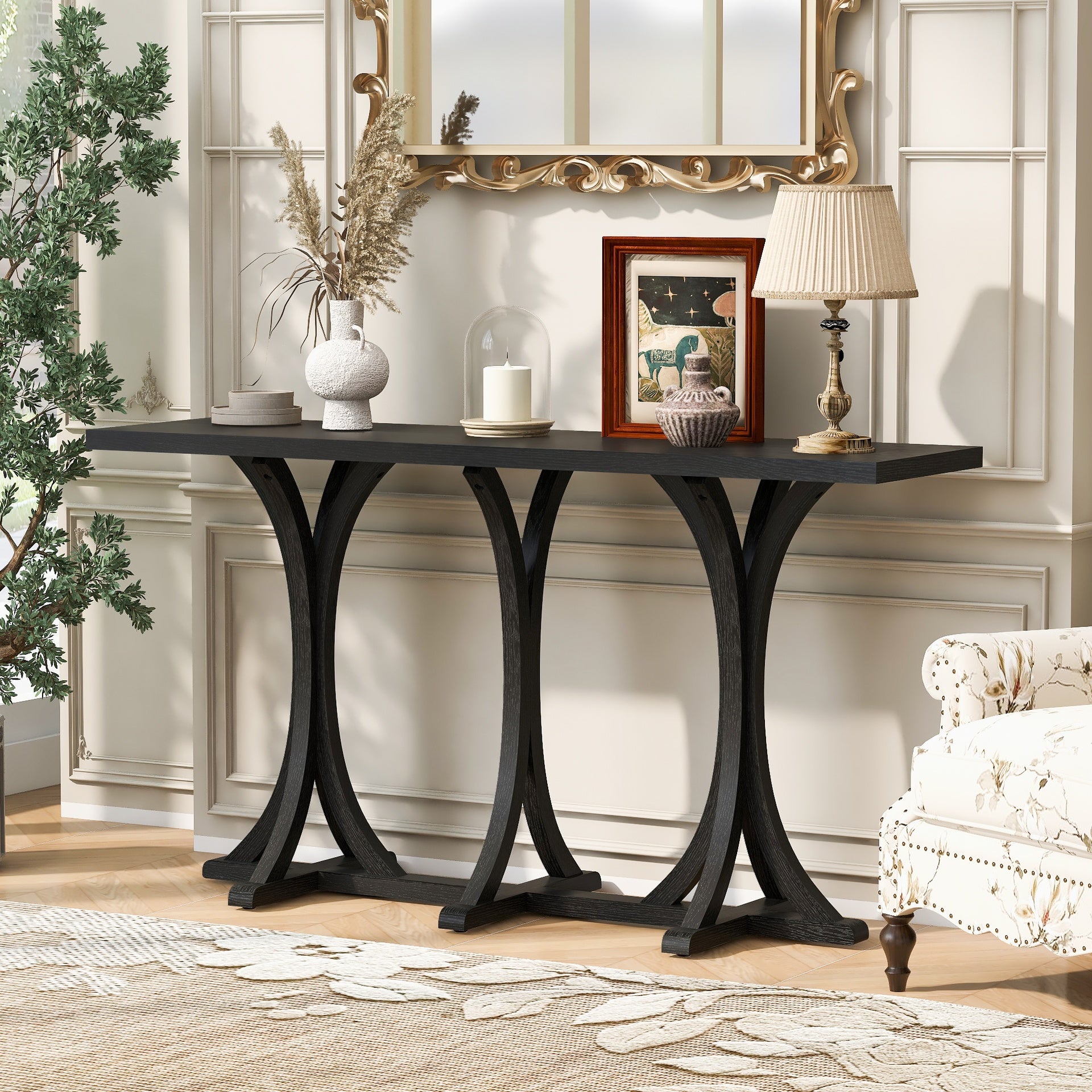U-Style 59.8'' Wooden Console Table with Oak Veneer Top,Farmhouse Entryway Table with Rubber Wood Slender Curved Legs,Perfect for Living Room,Entryway,Hallway, Dining Spaces.