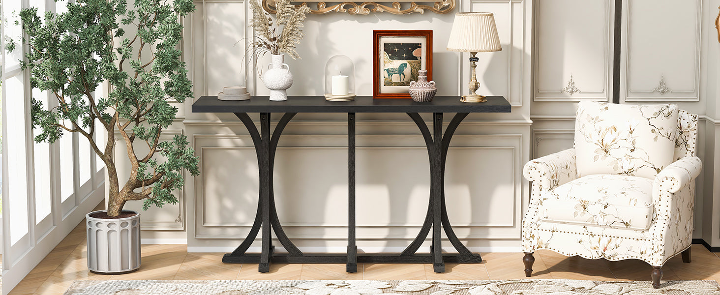 U-Style 59.8'' Wooden Console Table with Oak Veneer Top,Farmhouse Entryway Table with Rubber Wood Slender Curved Legs,Perfect for Living Room,Entryway,Hallway, Dining Spaces.