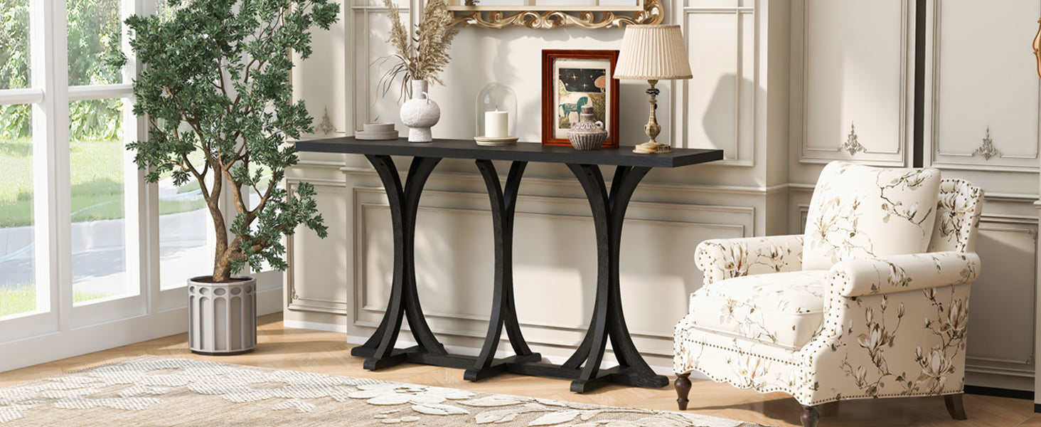 U-Style 59.8'' Wooden Console Table with Oak Veneer Top,Farmhouse Entryway Table with Rubber Wood Slender Curved Legs,Perfect for Living Room,Entryway,Hallway, Dining Spaces.