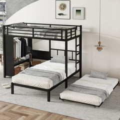 Twin over Twin Bunk Bed with Built-in Wardrobe, Metal Bunk Bed with Trundle, Foldable Desk, Ladders, Noise-reduced design, Black