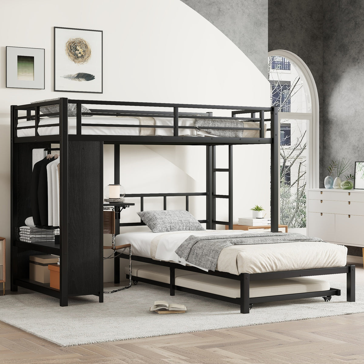 Twin over Twin Bunk Bed with Built-in Wardrobe, Metal Bunk Bed with Trundle, Foldable Desk, Ladders, Noise-reduced design, Black