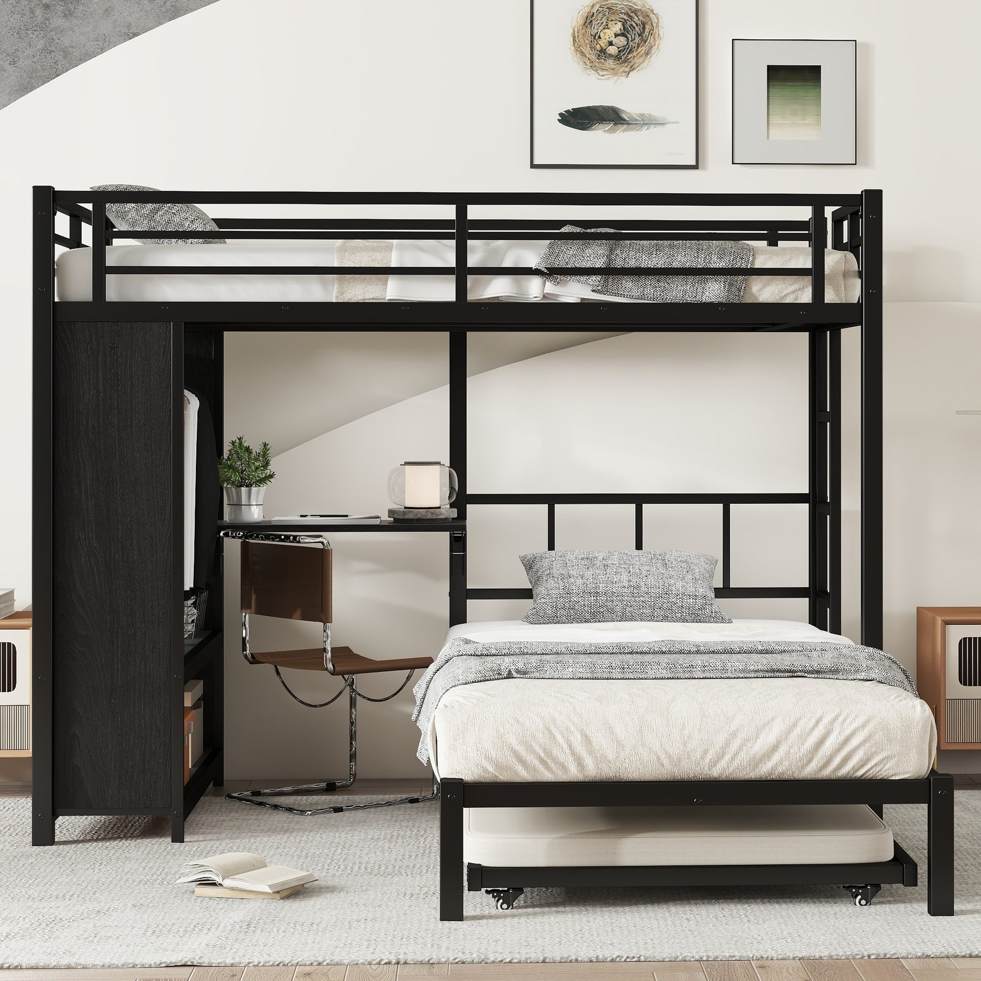 Twin over Twin Bunk Bed with Built-in Wardrobe, Metal Bunk Bed with Trundle, Foldable Desk, Ladders, Noise-reduced design, Black