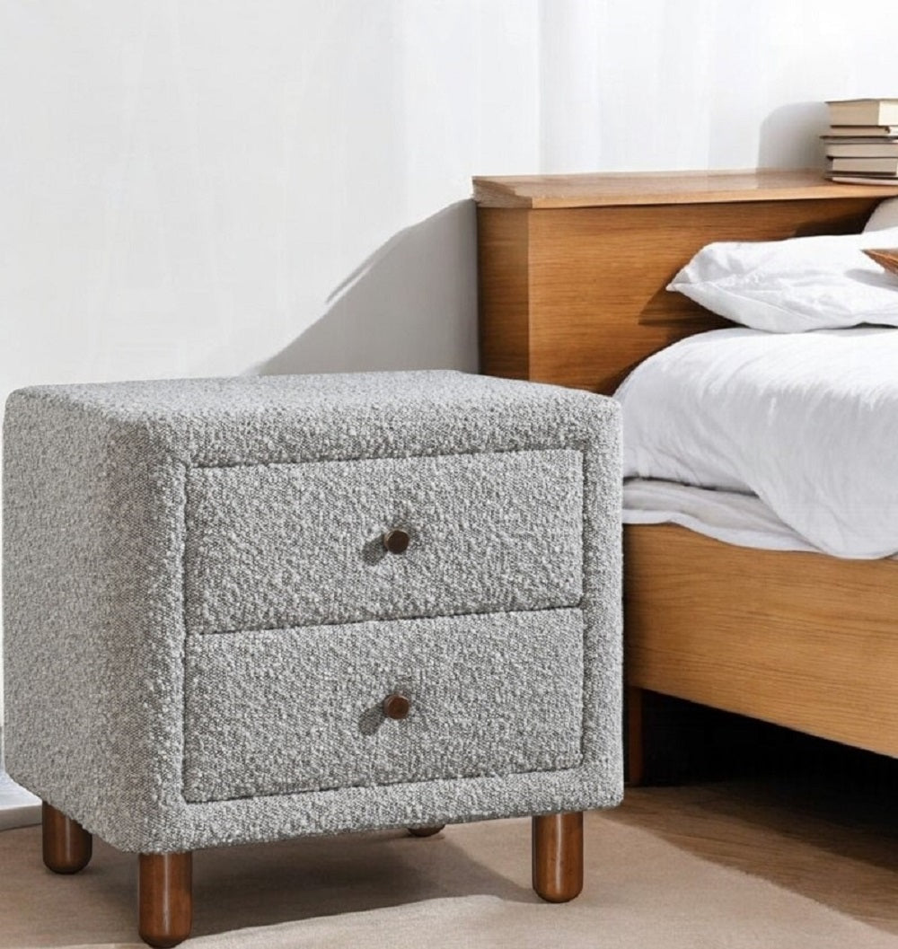 Classic Gray Two Drawers Nightstand 1pc Wooden Legs Plush Boucle Upholstered Bedroom Furniture