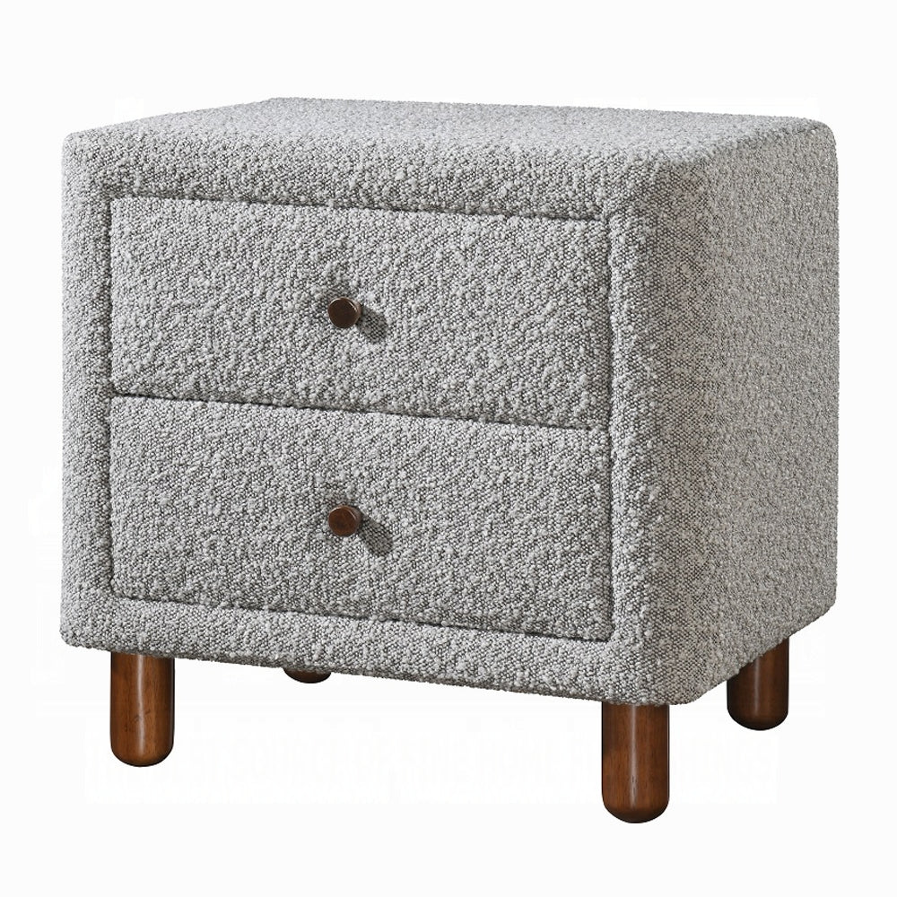 Classic Gray Two Drawers Nightstand 1pc Wooden Legs Plush Boucle Upholstered Bedroom Furniture